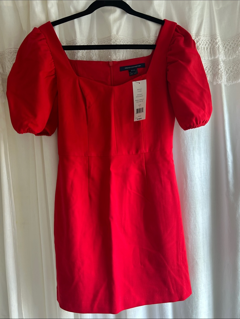 French Connection Red Puff-Sleeve Square Neck Mini Dress NWT